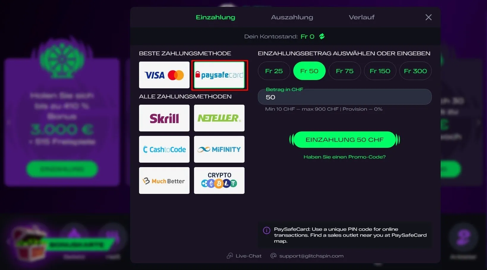 Glitchspin Casino mit Paysafecard